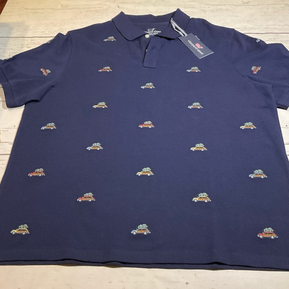NEW Vineyard Vines Heritage Pique Polo Men’s L Christmas Embroidered AOP Preppy